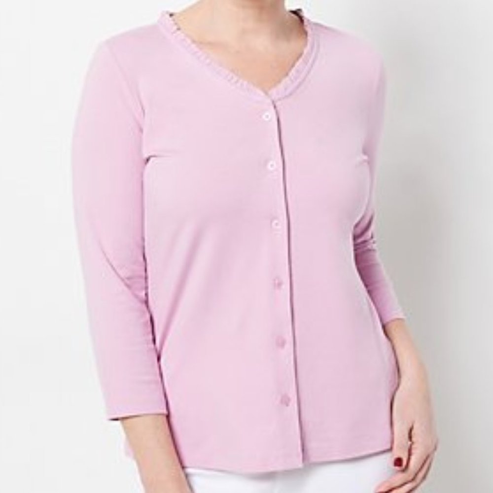 Isaac Mizrahi Live! Button Front Knit Top with Ruffle Neck - Mauve Mist